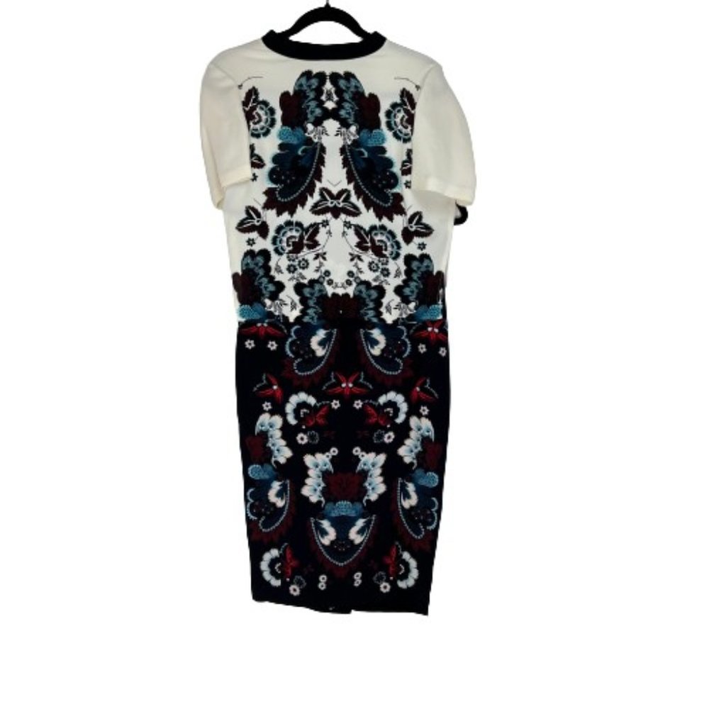 A.L.C. Women SZ 4 2 Piece Skirt Tops Set Round Neck Side Slit Floral Black/Cream